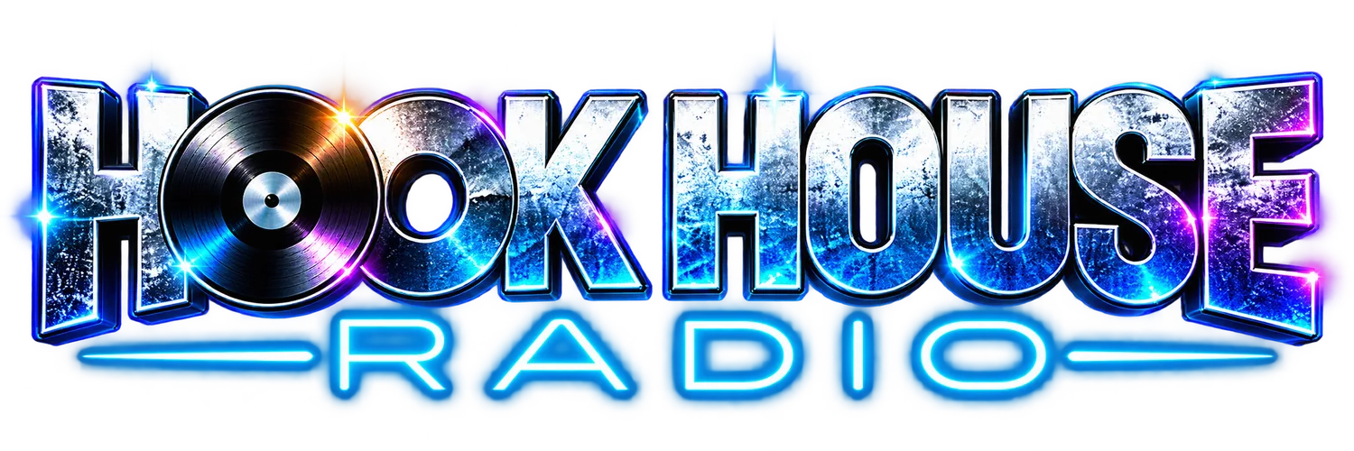 HOOK HOUSE RADIO, chrome lettering with a vinyl record replacing the O
